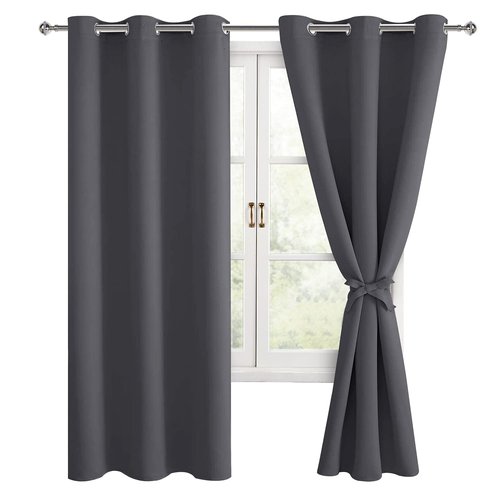 Hiasan Grommet Blackout Curtains for Bedroom, 42 x 63 Inches Length - Thermal Insulated & Light Blocking Window Curtains for Living Room, 2 Drape Panels Sewn with Tiebacks, Dark Grey