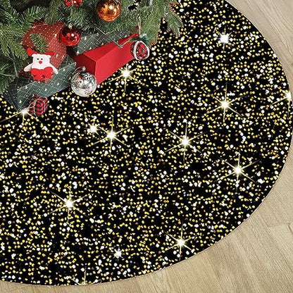 Black and Gold Sequin Christmas Tree Skirt 36 Inch Velvet Holiday Decor