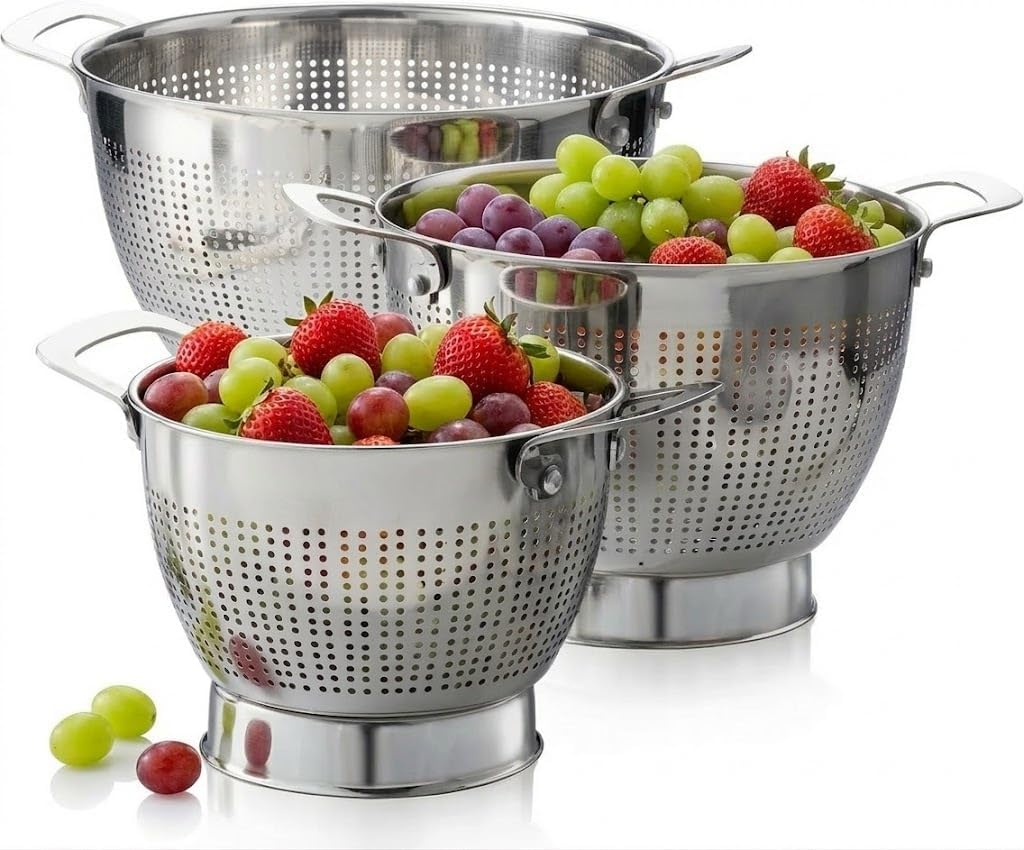 YH-Goods Stainless Steel Colander Set - 3-Piece Stackable Strainers for Pasta, Rice & Fruit | 5QT, 3QT, 1.5QT