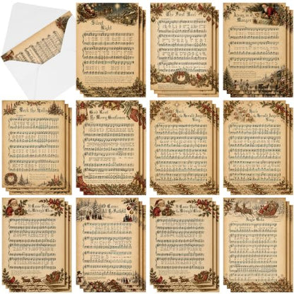 Religious Christmas Card Set with Bible Music Sheet Designs - 36 Cards & Envelopes, Vintage Holiday Greeting Cards, Christian Holiday Stationery, Variation of 36 / Bible Music