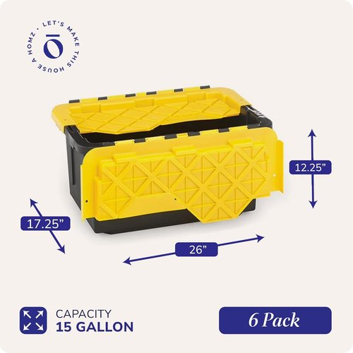 HOMZ 6-Pack Heavy Duty Plastic Storage Bins - 15 Gallon Stackable Totes with Lids, Black/Yellow