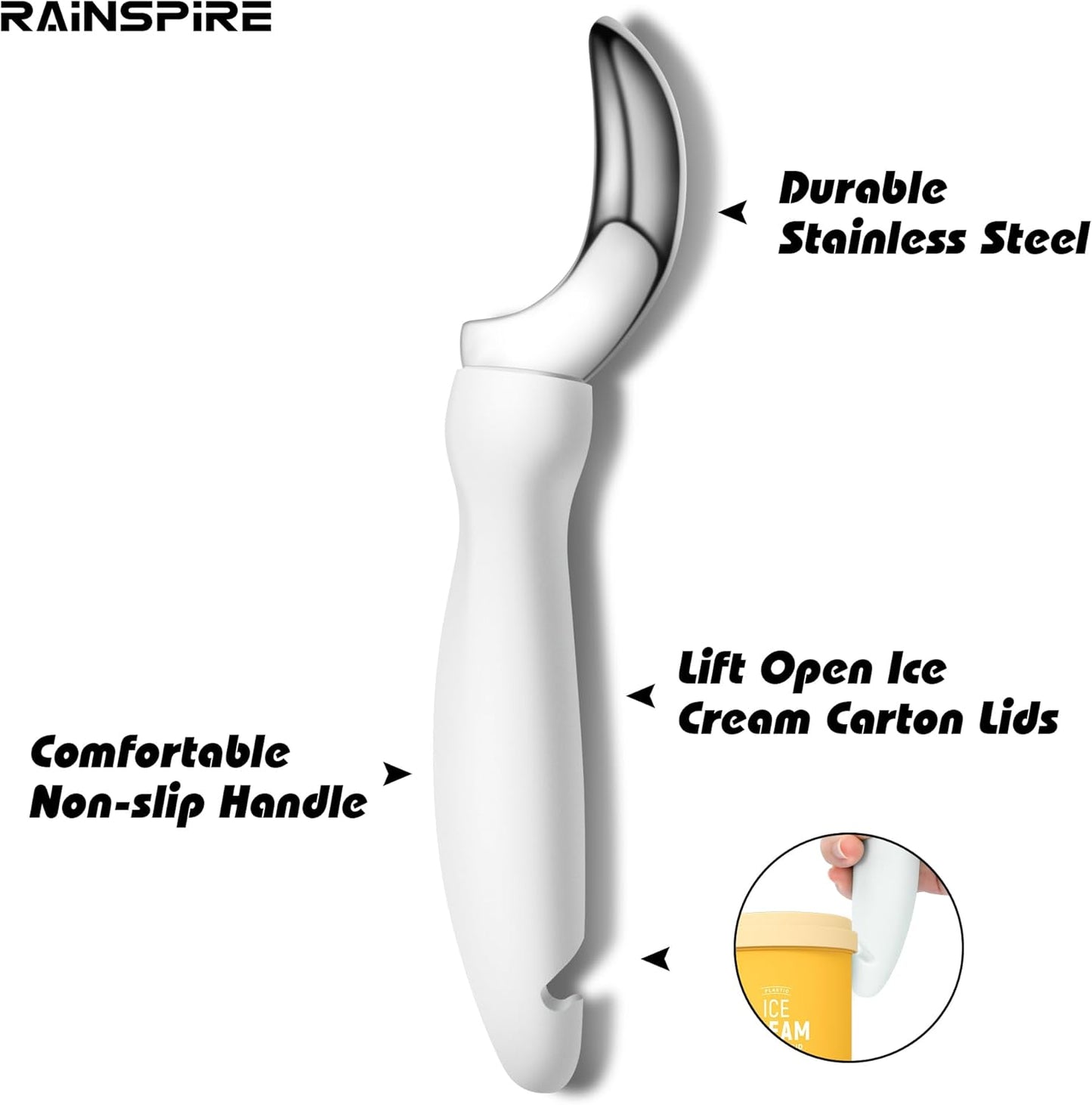 Rainspire Ice Cream Scoop - Heavy Duty Stainless Steel with Comfortable Handle | Perfect for Gelato, Sorbet, and Cookie Dough