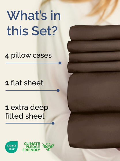 Skiennix Extra Deep Full Sheet Set - 6 Piece Cooling Bedding - Soft, Wrinkle-Free, Easy Fit - Brown