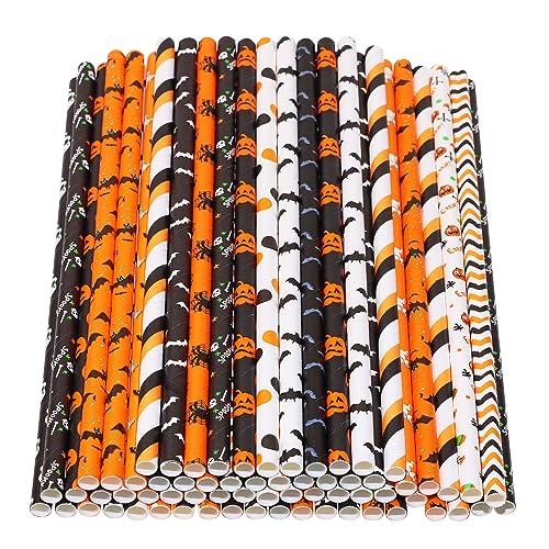 Halloween Paper Straws Penta Angel 50Pcs Pumpkin Bat Spider Wed Skull Pattern - Halloween Pattern