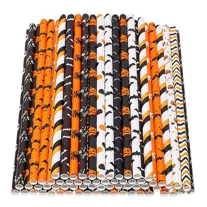 Halloween Paper Straws Penta Angel 50Pcs Pumpkin Bat Spider Wed Skull Pattern - Halloween Pattern