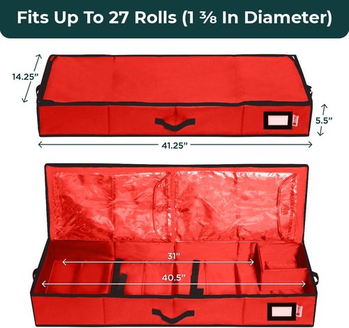HOLDN' STORAGE Premium Wrapping Paper Storage Container - Durable 600D Tear-Proof Design | Fits 27 Rolls, Extra Pockets for Ribbons & Bows, Underbed Storage - Perfect for Holiday Gift Wrap, Red/Black Trim