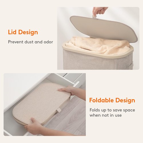 Lifewit Slim Laundry Basket with Lid, Narrow Laundry Hamper with Plastic Handles and Removable Bag, Tall Foldable Dirty Clothes Hampers for Laundry Room, Bedroom, Bathroom, Dorm, 65L Beige