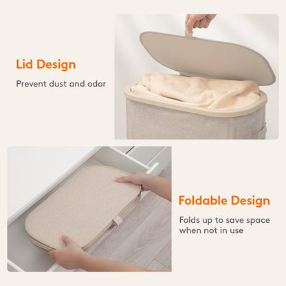Lifewit Slim Laundry Basket with Lid, Narrow Laundry Hamper with Plastic Handles and Removable Bag, Tall Foldable Dirty Clothes Hampers for Laundry Room, Bedroom, Bathroom, Dorm, 65L Beige