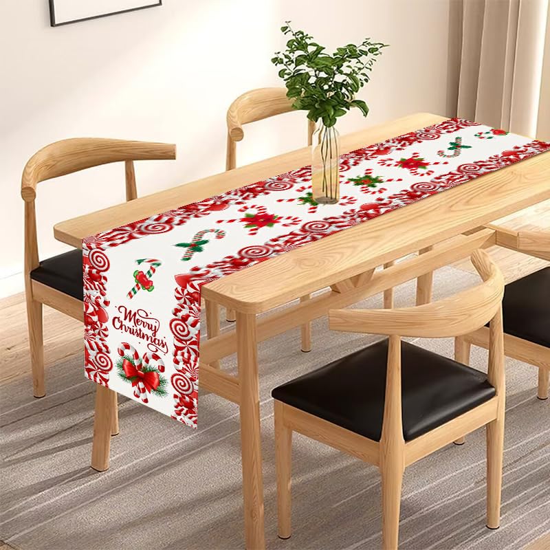 Christmas Linen Red and White Candy Cane Table Runner 72 Inches - Seasonal Holiday Farmhouse Decor - Variation: Red
