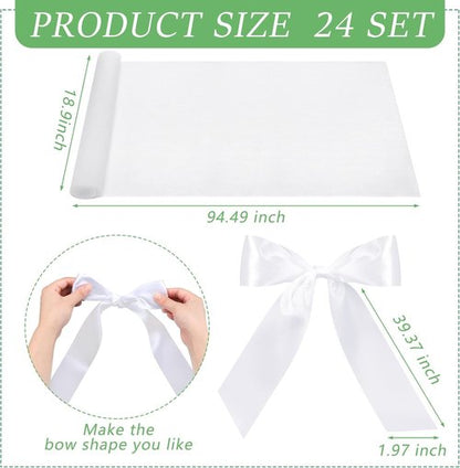 HunnmingRe Wedding Aisle Chair Decor - 24 Sets of White Sashes with Ribbons & Tulle for Ceremonies