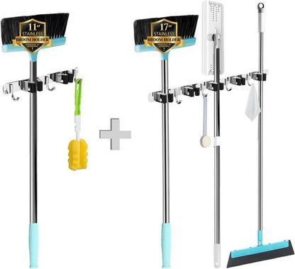 AceMining Wall Mounted Broom and Mop Holder - Heavy Duty Stainless Steel Organizer with 5 Racks & 4 Hooks
