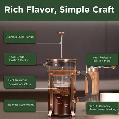 French Press Coffee Maker - 21 Ounce Stainless Steel & Borosilicate Glass - Perfect for Cold Brew & Espresso