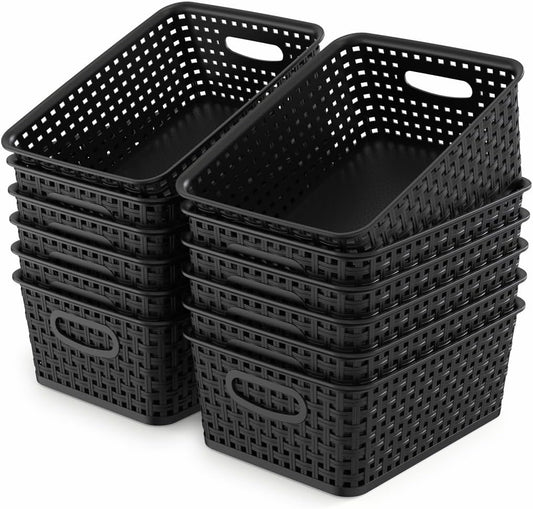 WYT 12-Pack Black Plastic Weave Storage Baskets - Perfect for Organizing Small Spaces