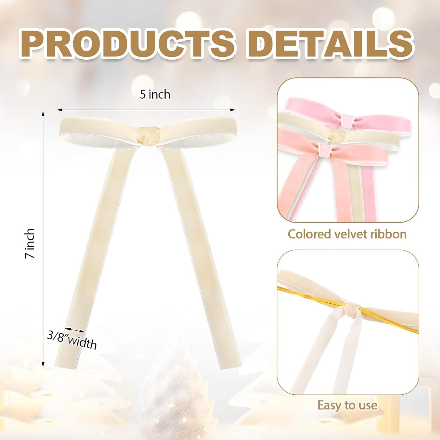 Skiennix 24 Pcs Velvet Bows - Vintage Ribbon Bows for Christmas Tree & Crafts | 5 x 7 Inch, Beige, Light Pink, Dusty Pink