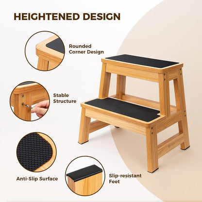 StrongTek Wood Step Stool - 17" Tall Two-Step Design for Adults & Kids | Heavy-Duty 500 lbs Capacity