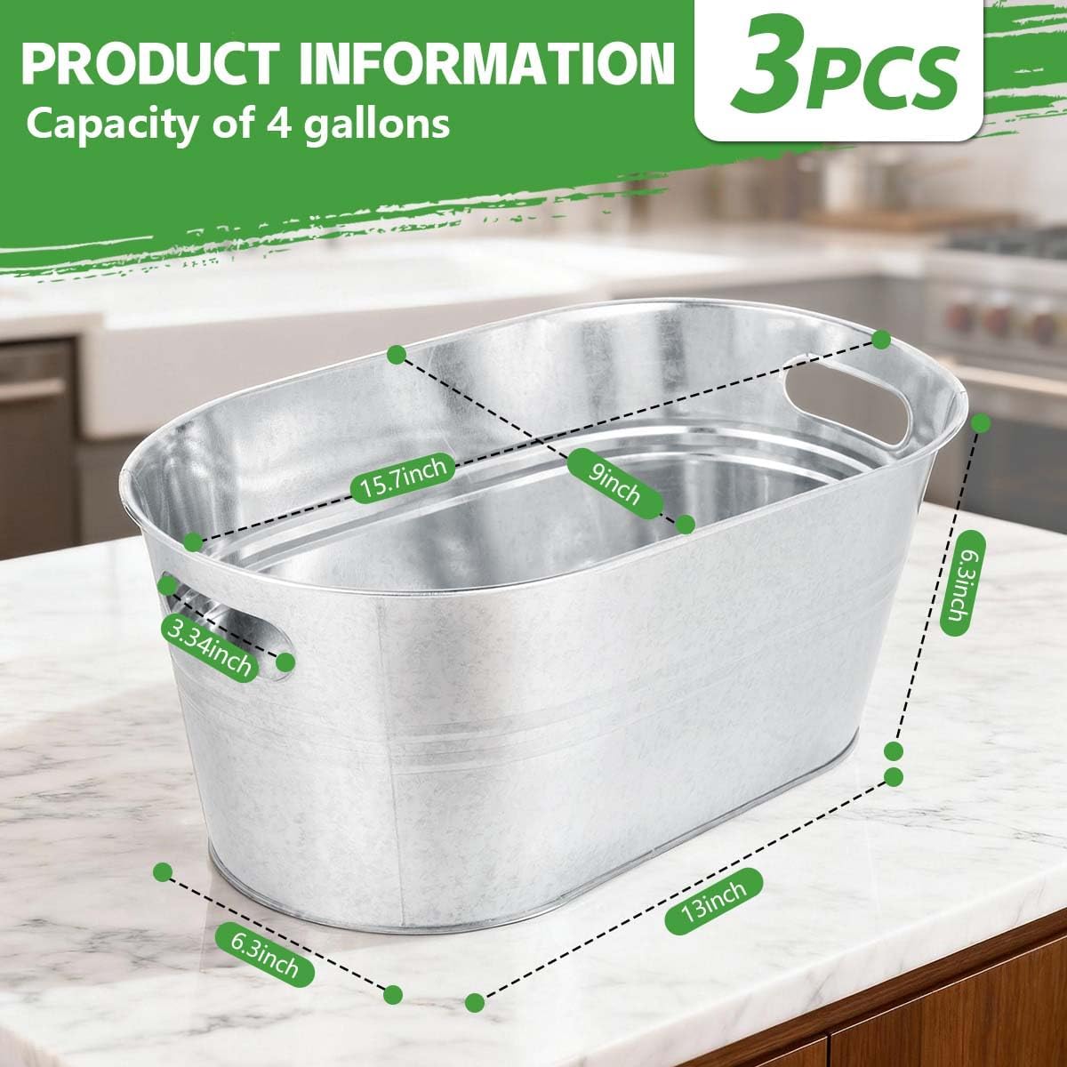 OBTANIM 3 Pack 4 Gallon Galvanized Ice Buckets Metal Champagne Drink Cooler Storage Ice Tub with Carry Handles for Beer Cocktails Wine Beverage Home Parties Bar Cooling Supplies
