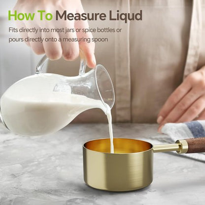 8 Pcs Golden Stainless Steel Measuring Cups and Spoons Set,Wooden Handle Baking Tools with US Measurements,Measuring Cups for Cooking, Baking, Dry & Liquid-Kitchen Baking Supplies