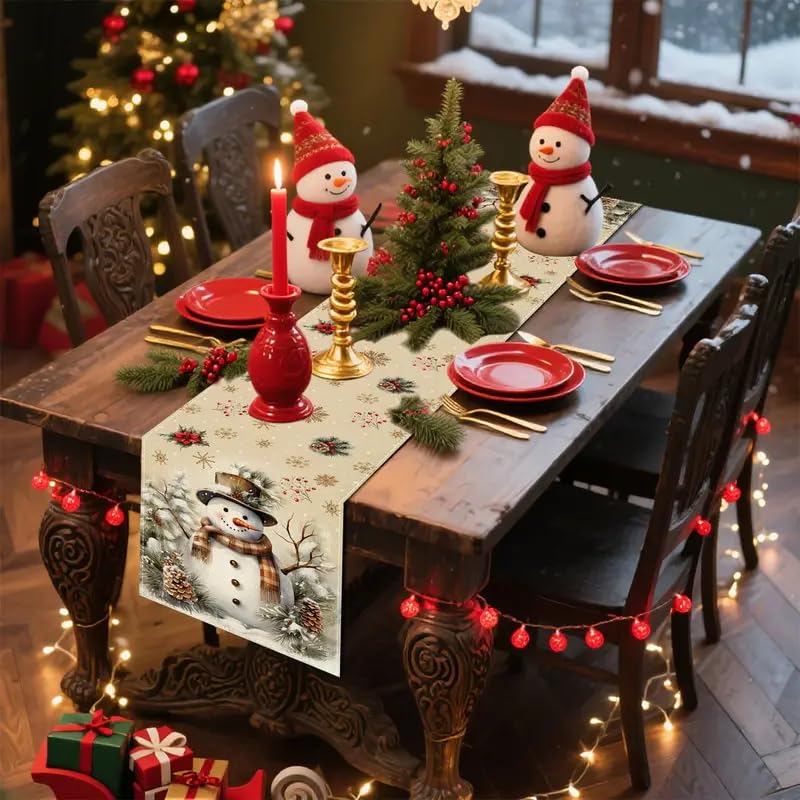 Multi Color Xmas Snowman Pine Cone Snowflake Table Runner 13x90 Inch Holiday Decor
