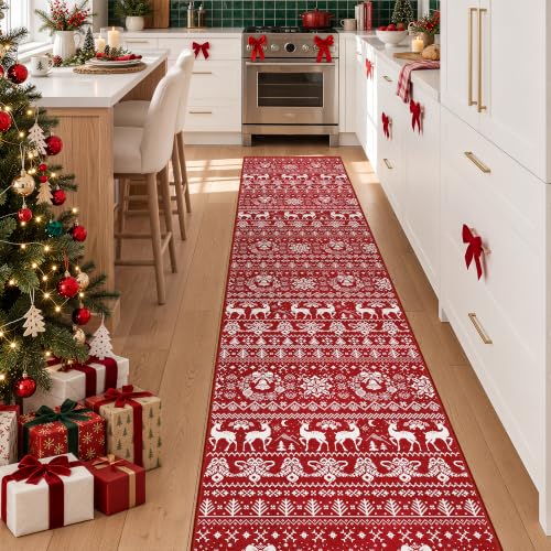 Christmas Runner Rug 2x10 ft Red Moroccan Style Washable Non-Slip Hallway Rug