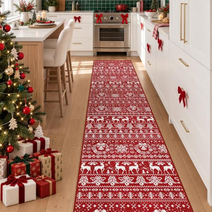 Christmas Runner Rug 2x10 ft Red Moroccan Style Washable Non-Slip Hallway Rug