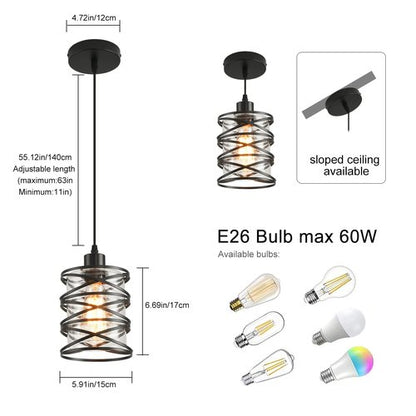 IHENGYANLT 2 Pack Black Spiral Cage Pendant Lights with Clear Glass Shade, Suitable for Kitchen Island, Dining Table, Entryway, Restaurant