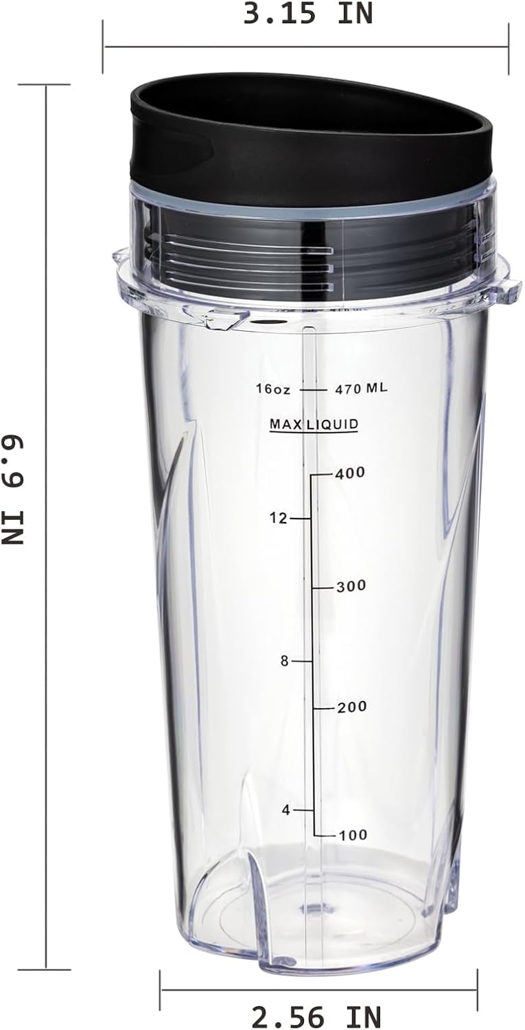 Ninja Blender Cups - 16oz Replacement for QB3001SS, QB3000SS, BL660, BL770, BL780 | 2 Pack with Lids