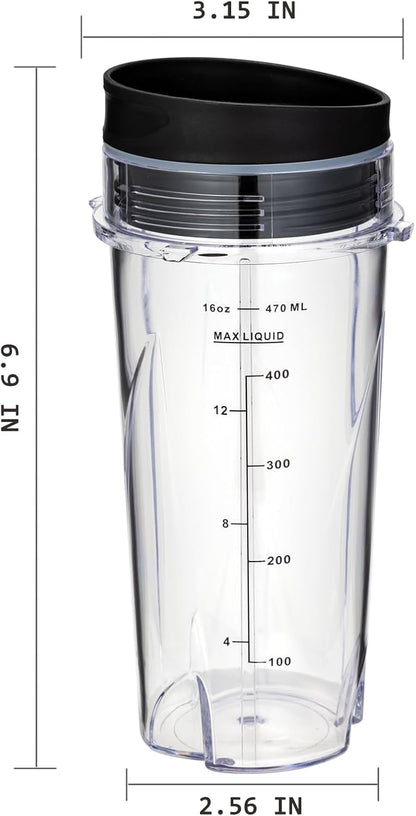 Ninja Blender Cups - 16oz Replacement for QB3001SS, QB3000SS, BL660, BL770, BL780 | 2 Pack with Lids