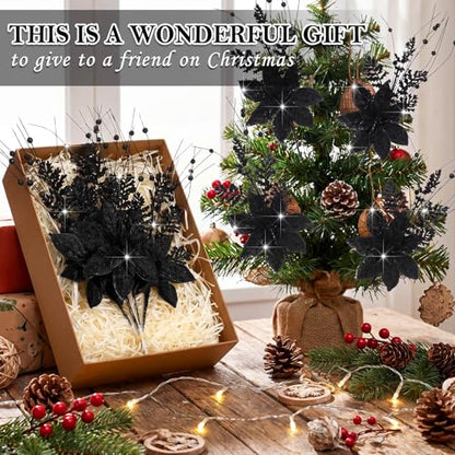 Black Glitter Artificial Poinsettia Picks - Christmas Decorations, 4 Pack