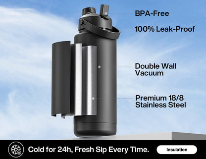 POWCAN 40 oz Insulated Water Bottle - 2-in-1 Straw & Spout Lid, Leak-Proof, BPA-Free, Dark Knight