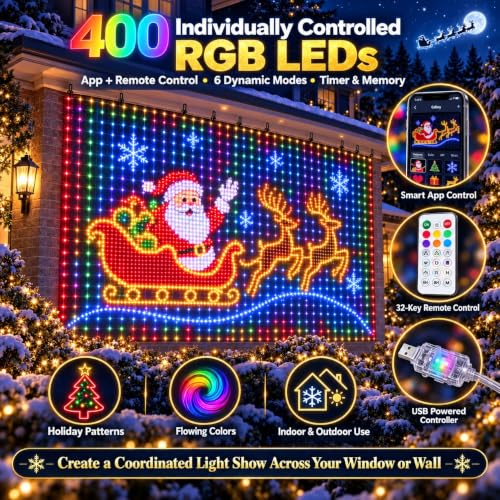 Smart LED Curtain Lights Christmas 5.24x5.24 ft - 256 LEDs, 5 Dynamic Modes