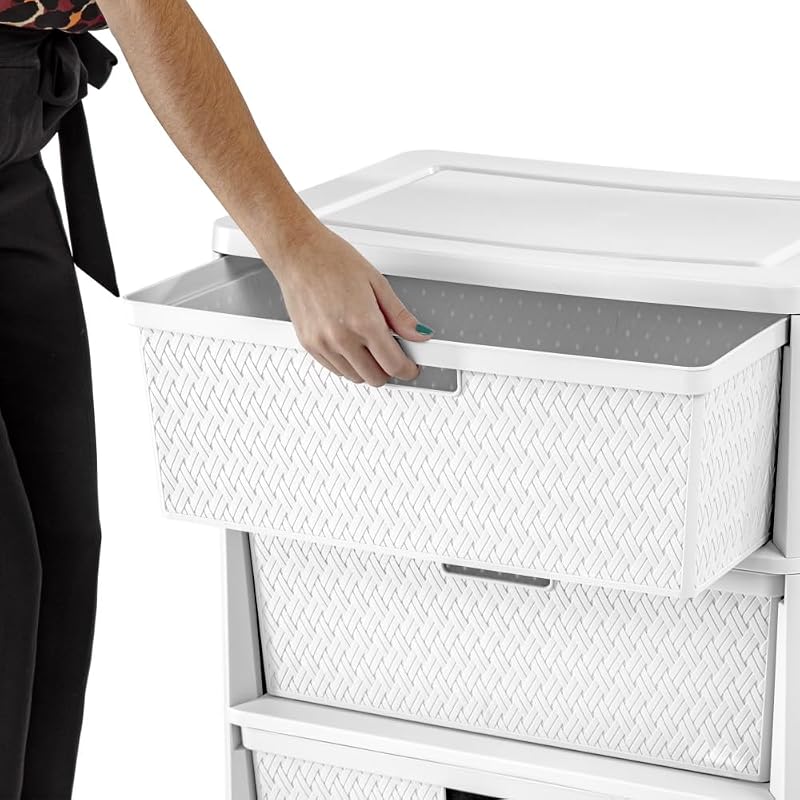2 Pack Wide 3-Drawer Storage Tower with Removable Bins — White Cross-Weave Organizer (Variation: White)