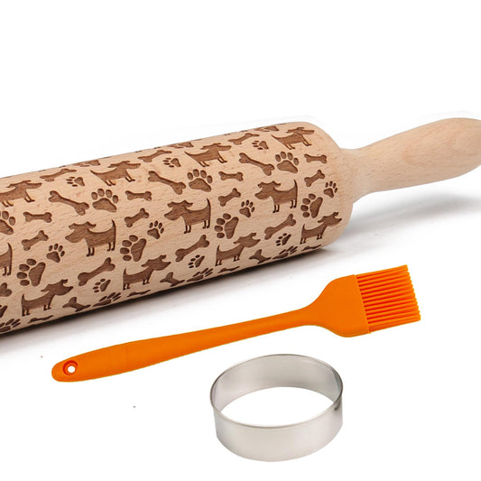 Embossed Rolling Pin for Baking Cookies Embossing Rolling Pins with Design Wooden Engraved Springerle Roller Pin Dough Animal Patterned Clay Pottery Ceramic Stamp Mold Gifts Bakers Women Kids (Dog)