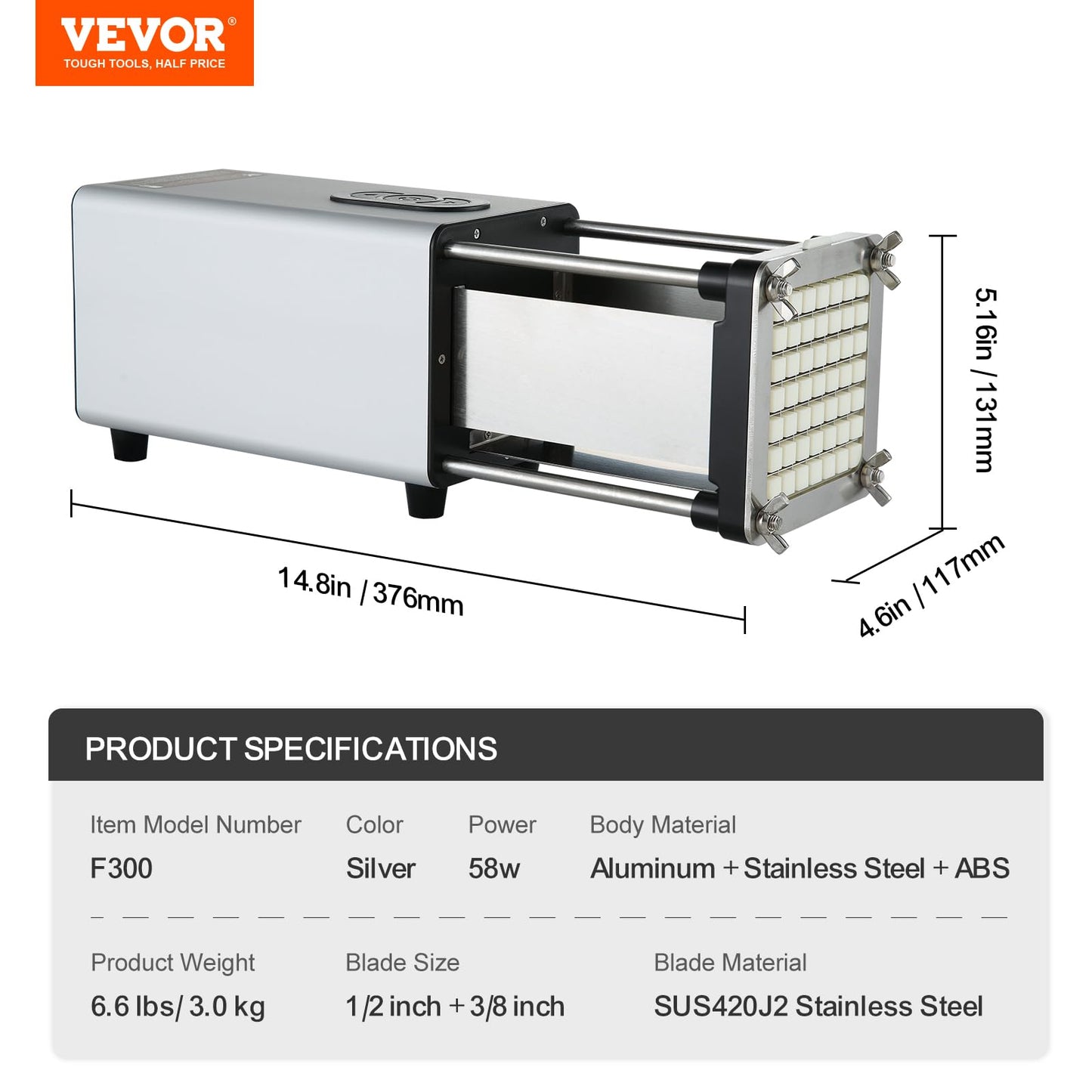 VEVOR Electric French Fry Cutter, Potato Slicer with 1/2-Inch and 3/8-Inch Stainless Steel Blades, Potato Cutter Chopper w/Anti-slip Feet, Great for Potato, French Fries, Cucumber, Vegetables, Carrot