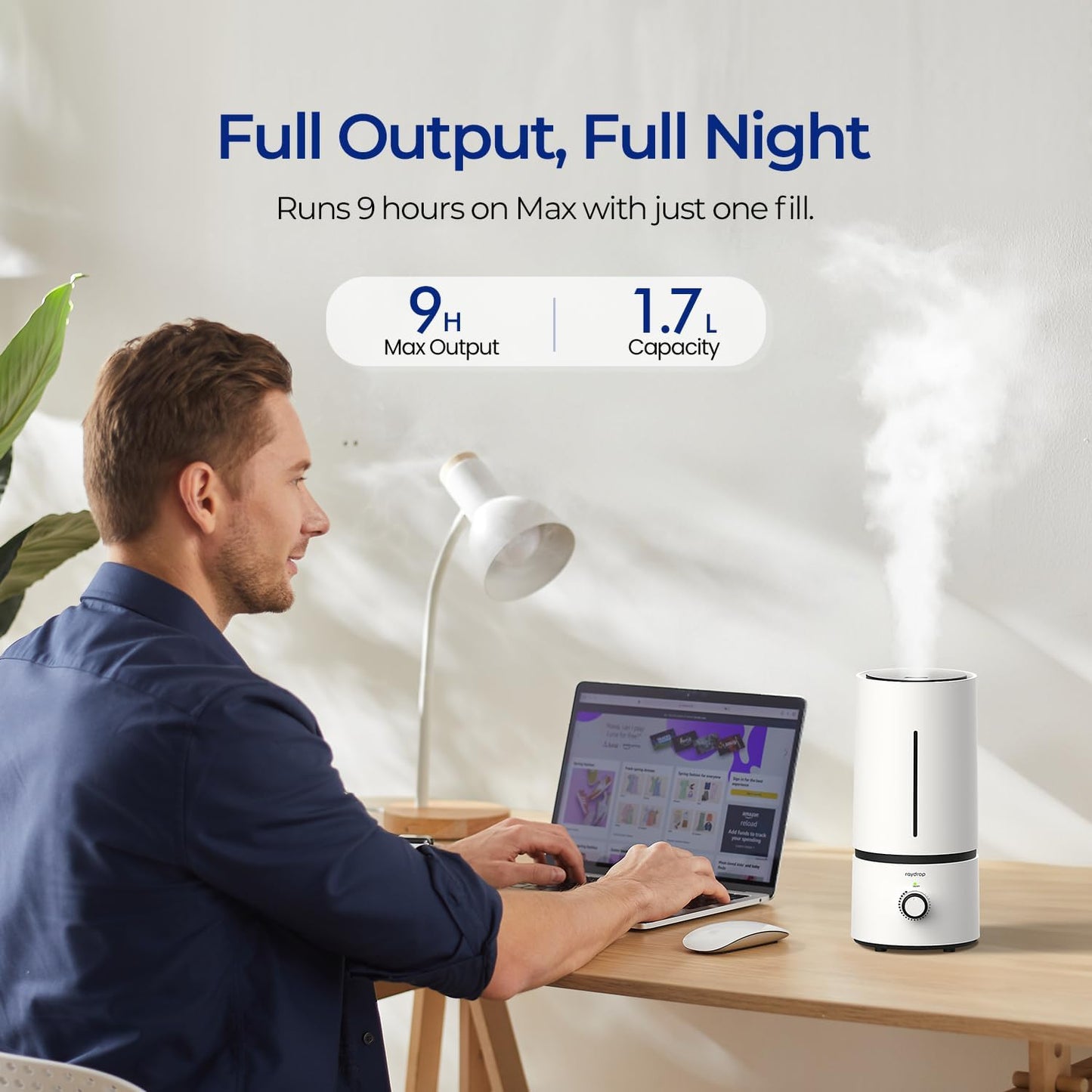 Raydrop Cool Mist Humidifier - Quiet Ultrasonic Design for Bedroom | 1.70L Capacity, Auto Shut Off