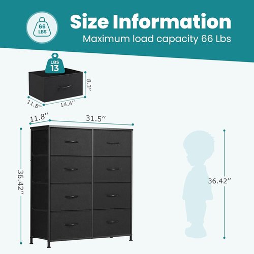 DUMOS 8-Drawer Dresser - Sturdy Fabric Storage Organizer with Metal Frame & Wooden Top | Matte Black