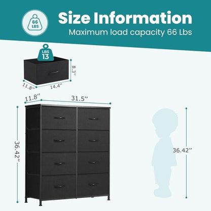 DUMOS 8-Drawer Dresser - Sturdy Fabric Storage Organizer with Metal Frame & Wooden Top | Matte Black
