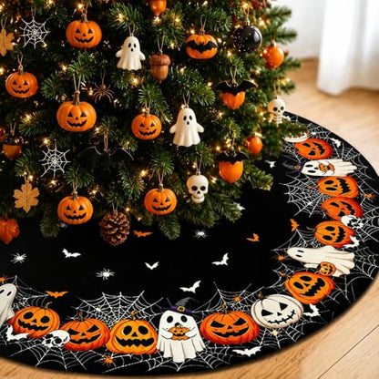 Halloween Tree Skirt 48 Inch Short Plush Pumpkin & Spider Web Design with Variation Black Pumpkin Face