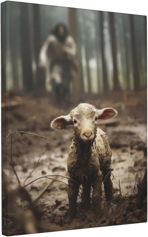 FOSMXA Jesus and Lamb Canvas Wall Art - Inspirational Christian Decor for Bedroom & Living Room | 12x16 Inch