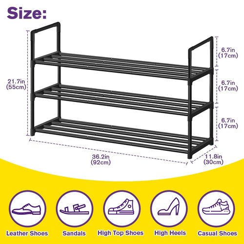 XSBAIHUO Shoe Rack - Metal Shoe Rack Organizer - Stackable Shoe Storage Shelf for Entryway, Closet, Bathroom 30cm(D) x 92cm(W) x 55cm(H) -Black (3-Tier)