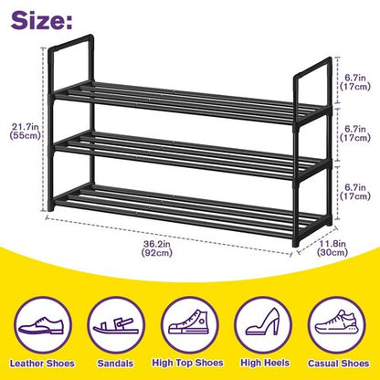 XSBAIHUO Shoe Rack - Metal Shoe Rack Organizer - Stackable Shoe Storage Shelf for Entryway, Closet, Bathroom 30cm(D) x 92cm(W) x 55cm(H) -Black (3-Tier)