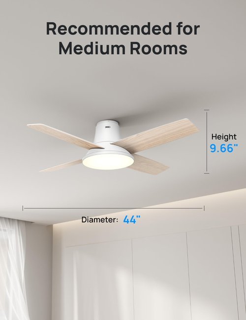 DREO Ceiling Fans with Lights, 12 Speeds & 3 Fan Modes, Quiet DC Motor, Low Profile Easy to Install, Flush Mount Smart Ceiling Fan with Dimmable LED, 12H Timer for Bedroom, Remote, White, 44''
