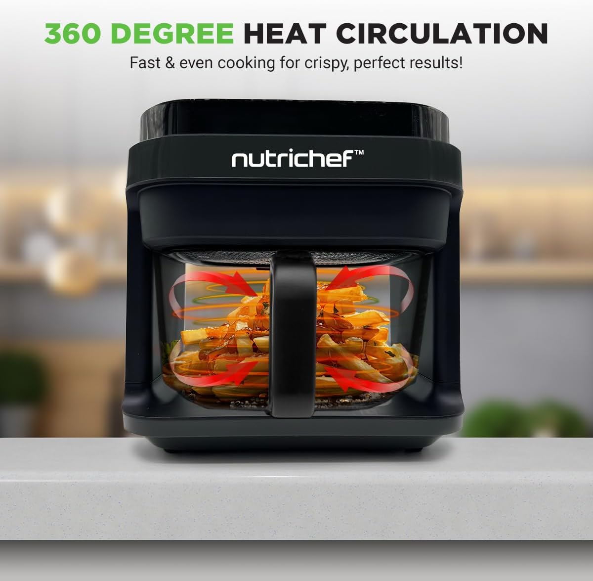 Nutrichef 5.8 Quart Air Fryer - 8-in-1 Preset Cooking Modes | Transparent Fry Bowl for Perfect Results | Grey