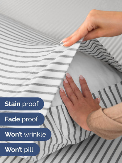 Skiennix Extra Deep Full Sheet Set - 6-Piece Breathable Cooling Bedding - Soft, Wrinkle-Free Grey Stripes