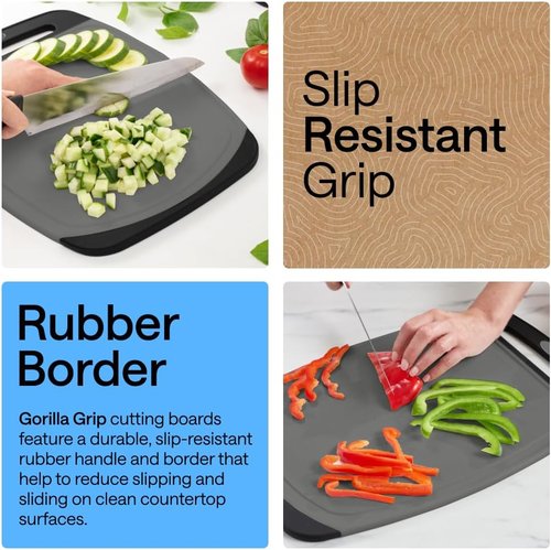 Gorilla Grip BPA-Free Reversible Cutting Board Set - Nonporous, Juice Grooves, Slip Resistant | 3 Durable Boards in Gray & Black