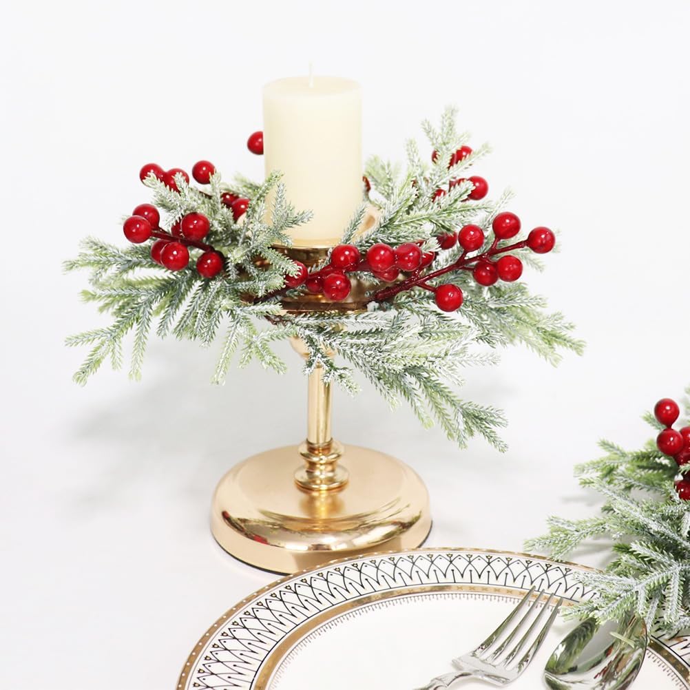 Skiennix Christmas Wreath Candle Rings - 2pcs Artificial Cedar & Cypress with Red Berries | Holiday Table Decor