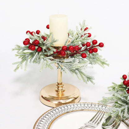 Skiennix Christmas Wreath Candle Rings - 2pcs Artificial Cedar & Cypress with Red Berries | Holiday Table Decor