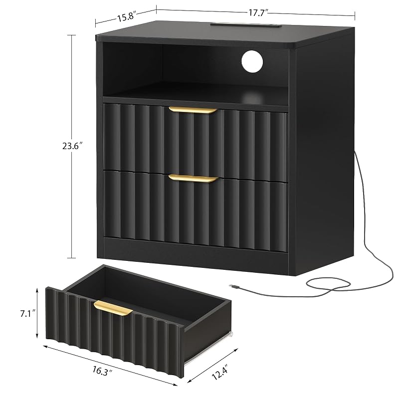 Fluted Nightstands Set of 2 with Charging Station & LED Light, Black, 2 Drawers