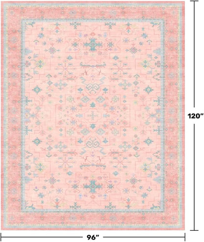 Oushak Rugs | Washable Pink & Blue 8x10 Area Rug - Soft Faux Wool, Modern Floral Design, Non-Slip