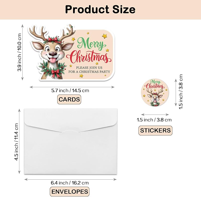 Christmas Elk Invitation Set with Envelopes & Stickers – 15 Cards, 15 Envelopes, 15 Seals