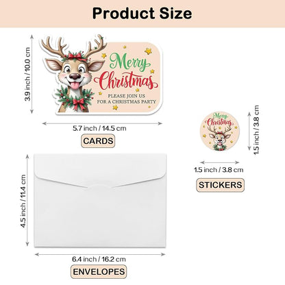 Christmas Elk Invitation Set with Envelopes & Stickers – 15 Cards, 15 Envelopes, 15 Seals